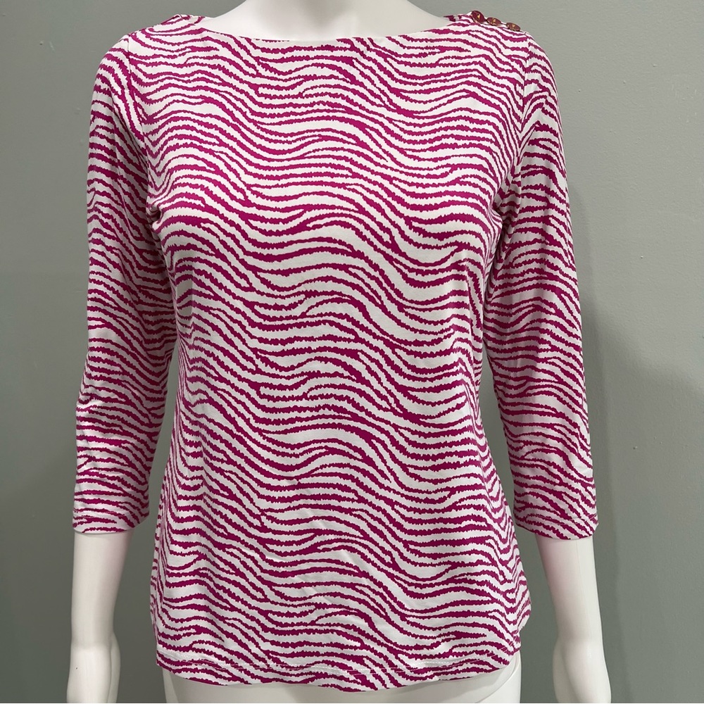 J MCLAUGHLIN Wavesong Top Boatneck Buttons Pink White